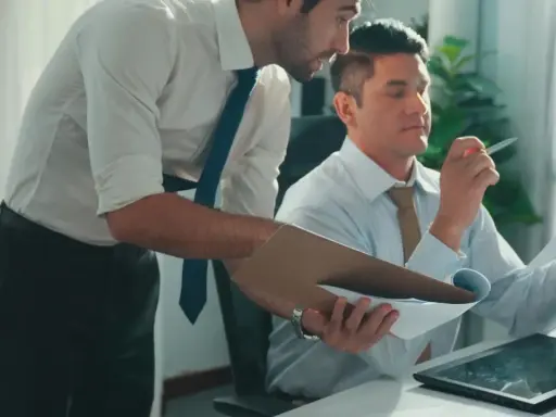 Zwei Männer im Büro besprechen Dokumente. Einer hält eine Mappe, der andere prüft ein Blatt. Vielleicht geht es um bezahlte Freistellung statt Abfindung.