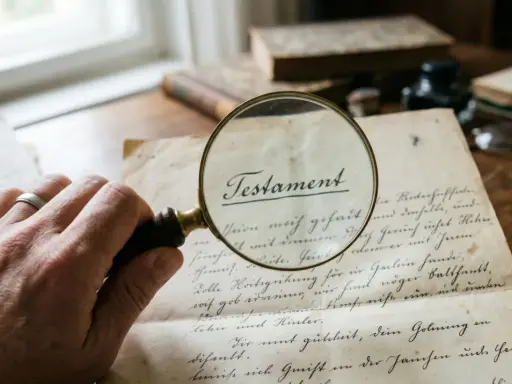 Lupe über einem Testament, der Name des Erben im Testament falsch geschrieben.