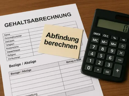 Gehaltsabrechnung mit Notiz "Abfindung berechnen" und Taschenrechner. Wichtig für die Abfindung im Kleinbetrieb.
