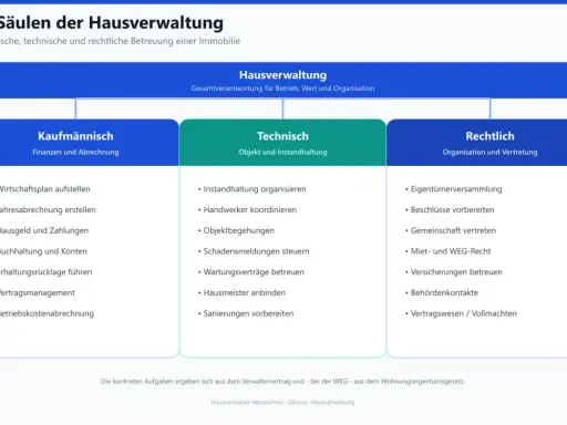 Drei Säulen der Hausverwaltung: kaufmännische (Finanzen, Abrechnung), technische (Objekt, Instandhaltung) und rechtliche (Organisation, Vertretung) Aufgaben.