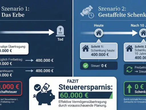 Vergleich von Erbschaft und gestaffelter Schenkung. Schenkung mit Gegenleistung spart 60.000 € Steuer durch vorausschauende Planung.