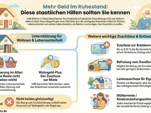 Infografik zeigt staatliche Hilfen für Rentner, z.B. Wohngeld, Grundsicherung, Zuschüsse zur Krankenversicherung, die das Einkommen der Eltern im Alter aufstocken können, unabhängig von der Altersgrenze.