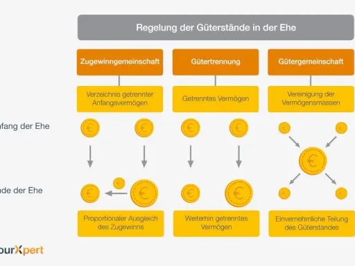 Schema zeigt Regelungen des Güterstands in der Ehe: Zugewinngemeinschaft, Gütertrennung, Gütergemeinschaft. Ein Ehevertrag regelt dies.