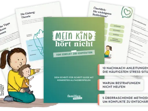 Wenn die Kindesmutter kooperiert nicht, hilft dieser Guide. Illustration zeigt eine Mutter mit Kind und Buchcover "Mein Kind hört nicht".