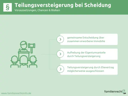 Grafik erklärt die Teilungsversteigerung bei Scheidung: gemeinsame Entscheidung, Aufhebung von Eigentumsanteilen oder Ausschluss durch Ehevertrag.