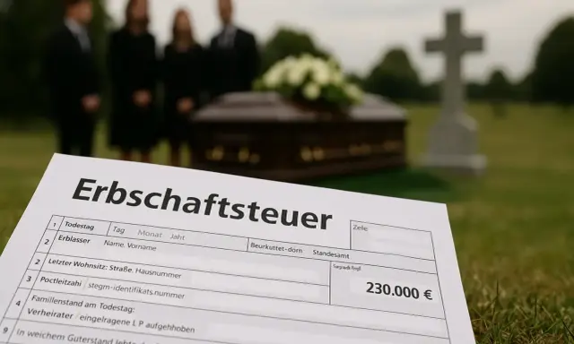 Trauernde stehen am Grab, während ein Erbschaftsteuerformular mit 230.000 € im Vordergrund liegt. § 14 ErbStG regelt die Besteuerung.