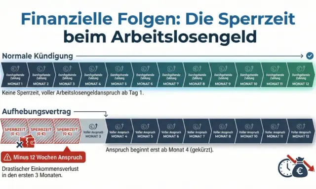 Grafik zeigt: Bei Aufhebungsvertrag gibt es eine Sperrzeit für Arbeitslosengeld, im Gegensatz zur normalen Kündigung.