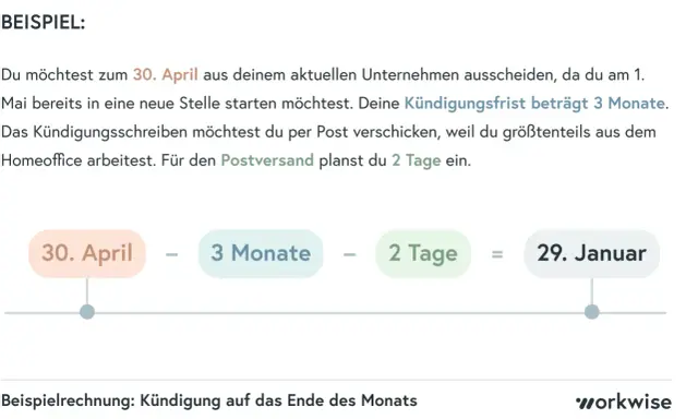 Beispiel: Kündigung zum 30. April bei 3 Monaten gesetzliche Kündigungsfrist. Postversand dauert 2 Tage, also Kündigung am 29. Januar abschicken.