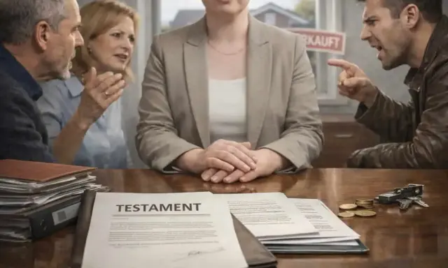 Streitende Erben am Tisch, ein Testament liegt aus. Bei solch hitzigen Diskussionen braucht man einen Testamentsvollstrecker.