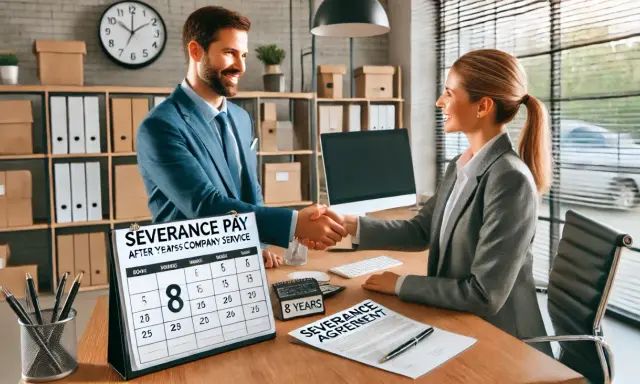 Ein Mann und eine Frau schütteln sich die Hände. Ein Kalender zeigt "8 YEARS" und "SEVERANCE PAY". Die Frage "wieviel Abfindung nach 8 Jahren?" wird thematisiert.