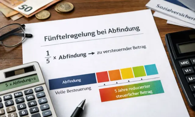 Fünftelregelung zur Abfindung: Berechnung des zu versteuernden Betrags mit einer Grafik, die die volle Besteuerung und eine 5-Jahres-Reduzierung zeigt.