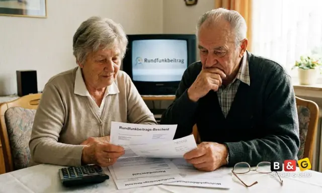 Älteres Paar prüft besorgt einen Rundfunkbeitrags-Bescheid. Der Mann denkt nach, die Frau schaut auf die Unterlagen.