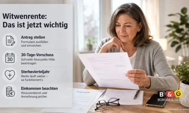 Frau prüft Dokumente zur Witwenrente. Wichtig: Antrag, Vorschuss, Sterbevierteljahr, Einkommen. Auch für die zweite Ehefrau relevant.