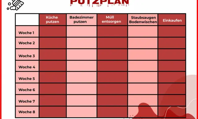 Putzplan für ein Mehrfamilienhaus: Aufgaben wie Küche putzen, Müll entsorgen und Staubsaugen sind wochenweise aufgeteilt.