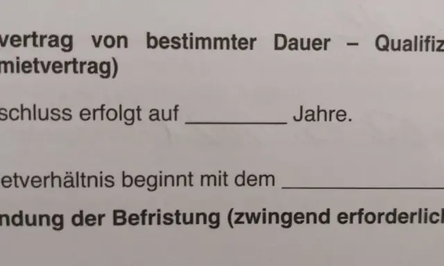 Mietvertrag von bestimmter Dauer. Der Abschluss erfolgt auf X Jahre. Begründung der Befristung (zwingend erforderlich): Eigenbedarf.