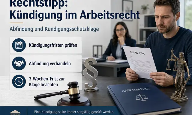 Mann liest Kündigung. Tipps im Arbeitsrecht: Fristen prüfen, Abfindung verhandeln, Klagefrist beachten. Rechtsberatung ist wichtig.