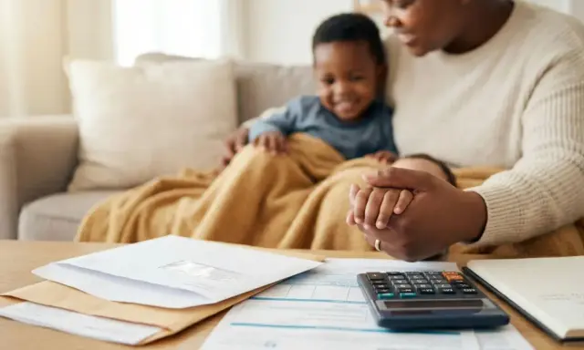 Familie plant Finanzen: Briefe, Rechner und Notizbuch auf dem Tisch. Mutter hält Kind, während sie über Wohngeld und Selbstbehalt spricht.