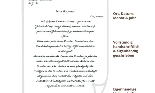 Ein handschriftliches Testament Muster mit Angaben zu Erben und Nacherben.