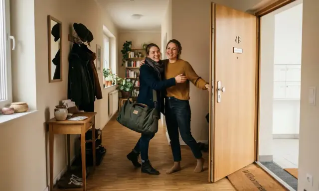 Zwei Freundinnen umarmen sich freudig im Flur. Die Frage "wie lange darf jemand bei mir wohnen ohne anmeldung" beschäftigt viele.