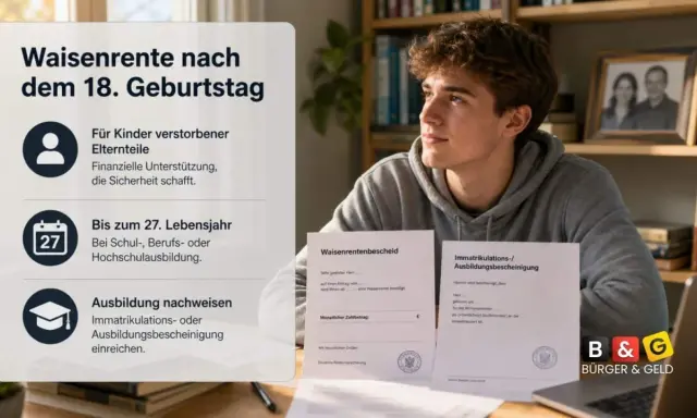 Ein junger Mann blickt nachdenklich, während Dokumente zu Waisenrente und Ausbildung gezeigt werden. Man bekommt Waisenrente bis zum 27. Lebensjahr bei Ausbildung.