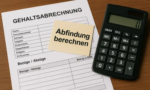 Gehaltsabrechnung mit Notiz "Abfindung berechnen" und Taschenrechner. Wichtig für die Abfindung im Kleinbetrieb.