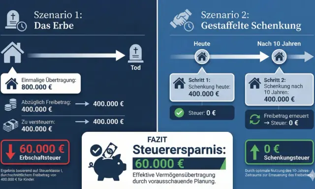 Vergleich von Erbschaft und gestaffelter Schenkung. Schenkung mit Gegenleistung spart 60.000 € Steuer durch vorausschauende Planung.