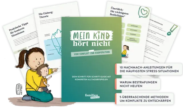 Wenn die Kindesmutter kooperiert nicht, hilft dieser Guide. Illustration zeigt eine Mutter mit Kind und Buchcover "Mein Kind hört nicht".