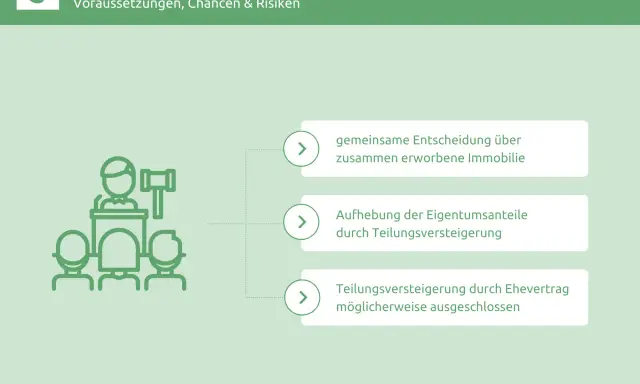 Grafik erklärt die Teilungsversteigerung bei Scheidung: gemeinsame Entscheidung, Aufhebung von Eigentumsanteilen oder Ausschluss durch Ehevertrag.