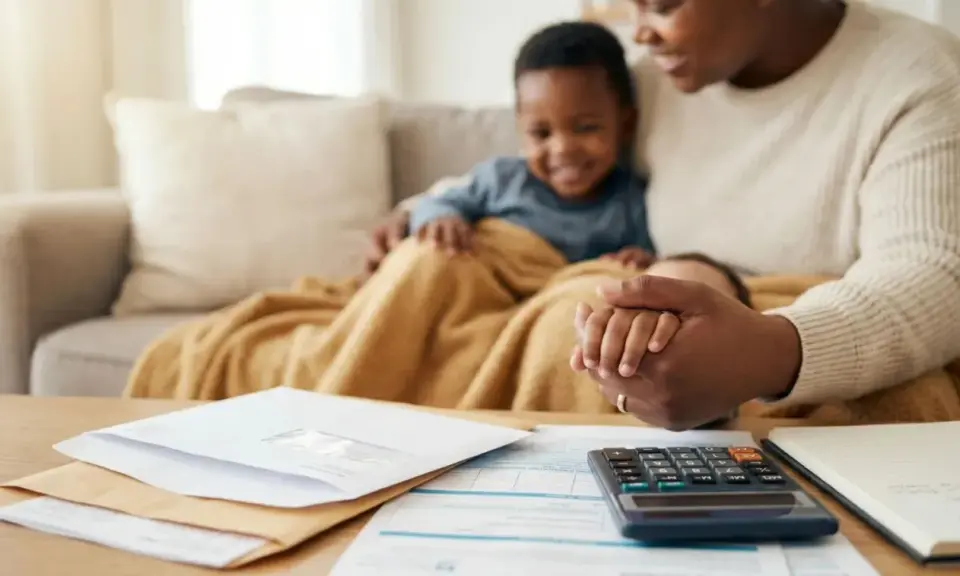 Familie plant Finanzen: Briefe, Rechner und Notizbuch auf dem Tisch. Mutter hält Kind, während sie über Wohngeld und Selbstbehalt spricht.