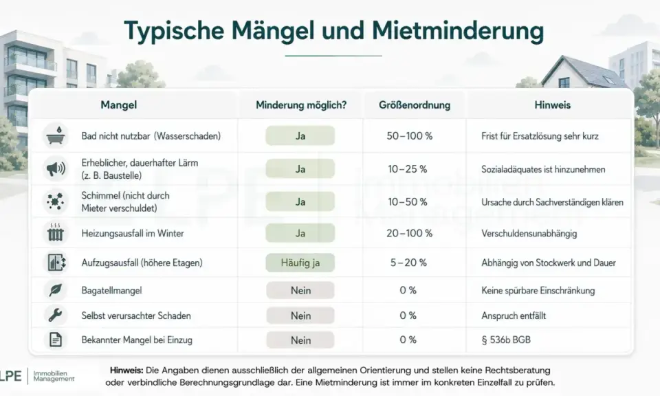Tabelle zeigt typische Mängel und wann Mietminderung möglich ist, z.B. bei Wasserschaden im Bad (50-100%).