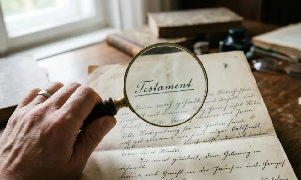 Lupe über einem Testament, der Name des Erben im Testament falsch geschrieben.