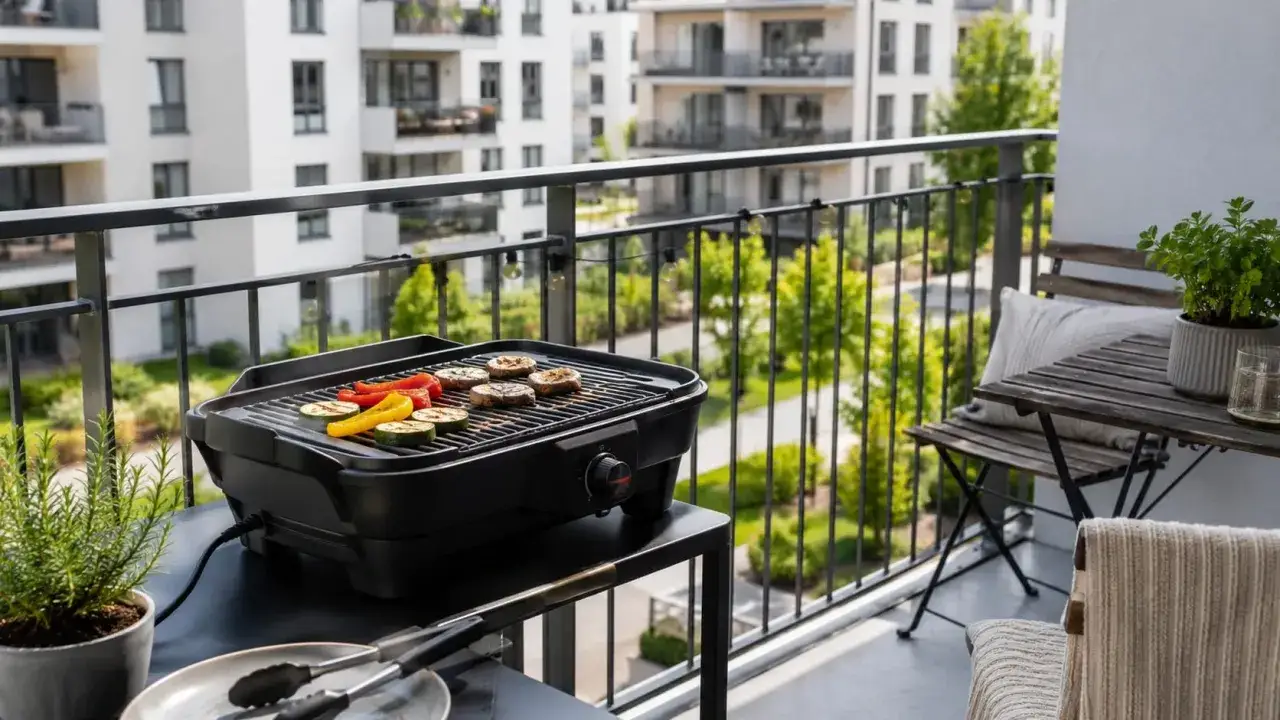 Leckeres Grillen auf dem Balkon: Zucchini, Paprika und Fleisch brutzeln auf dem Elektrogrill. Ein entspannter Abend mit Blick ins Grüne.