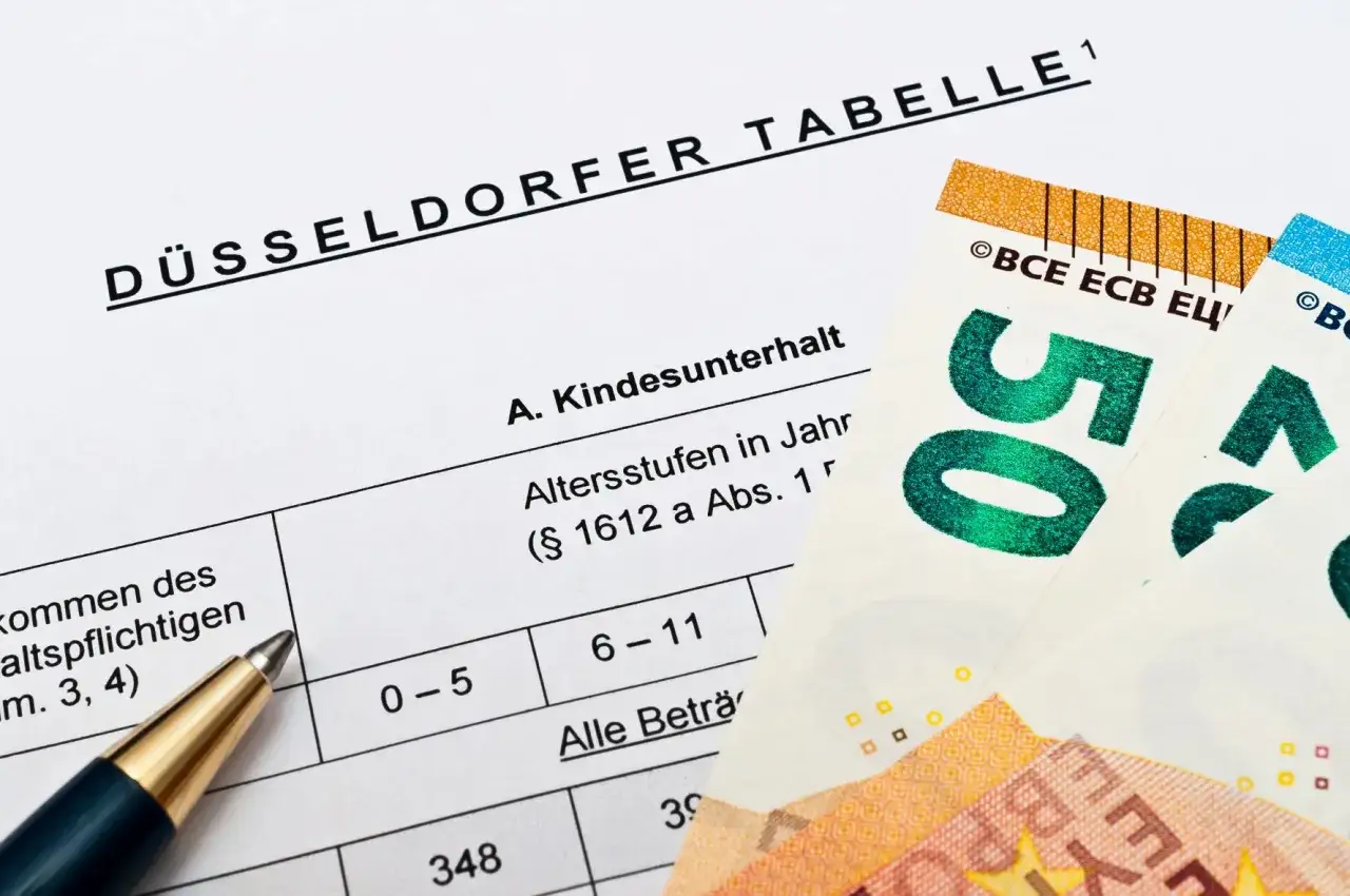 Düsseldorfer Tabelle mit Kindesunterhalt, Altersstufen und Geldscheinen. Ein Stift liegt bereit, um den dynamischen Unterhaltstitel festzuhalten.