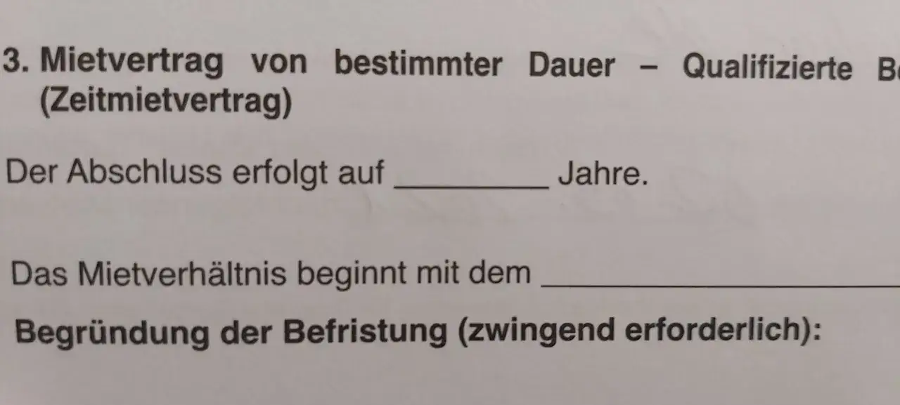 Mietvertrag von bestimmter Dauer (Zeitmietvertrag) für Eigenbedarf. Der Abschluss erfolgt auf X Jahre. Begründung der Befristung.