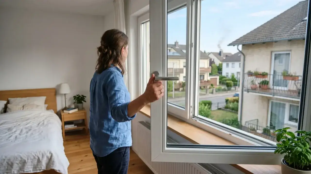 Frau öffnet Fenster, um Rauchgeruch aus Nachbarhaus zu vertreiben. Mögliche Mietminderung wegen Geruchsbelästigung.
