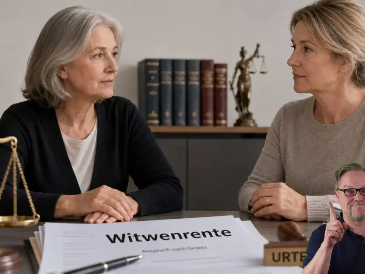 Zwei Frauen besprechen den Rentenanspruch der zweiten Ehefrau. Ein Mann mit Brille zeigt mahnend mit dem Finger.