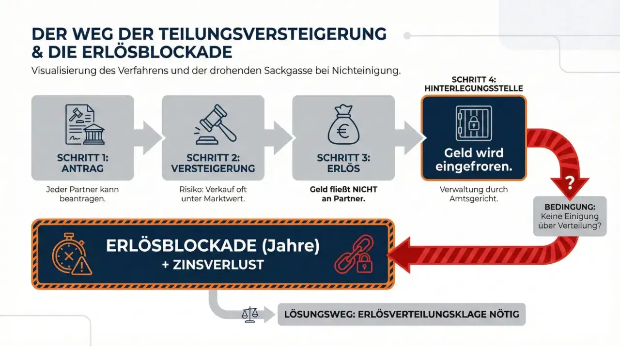 Der Weg der Teilungsversteigerung: Antrag, Versteigerung, Erl&ouml;s wird eingefroren. Bei Nichteinigung droht Erl&ouml;sblockade.