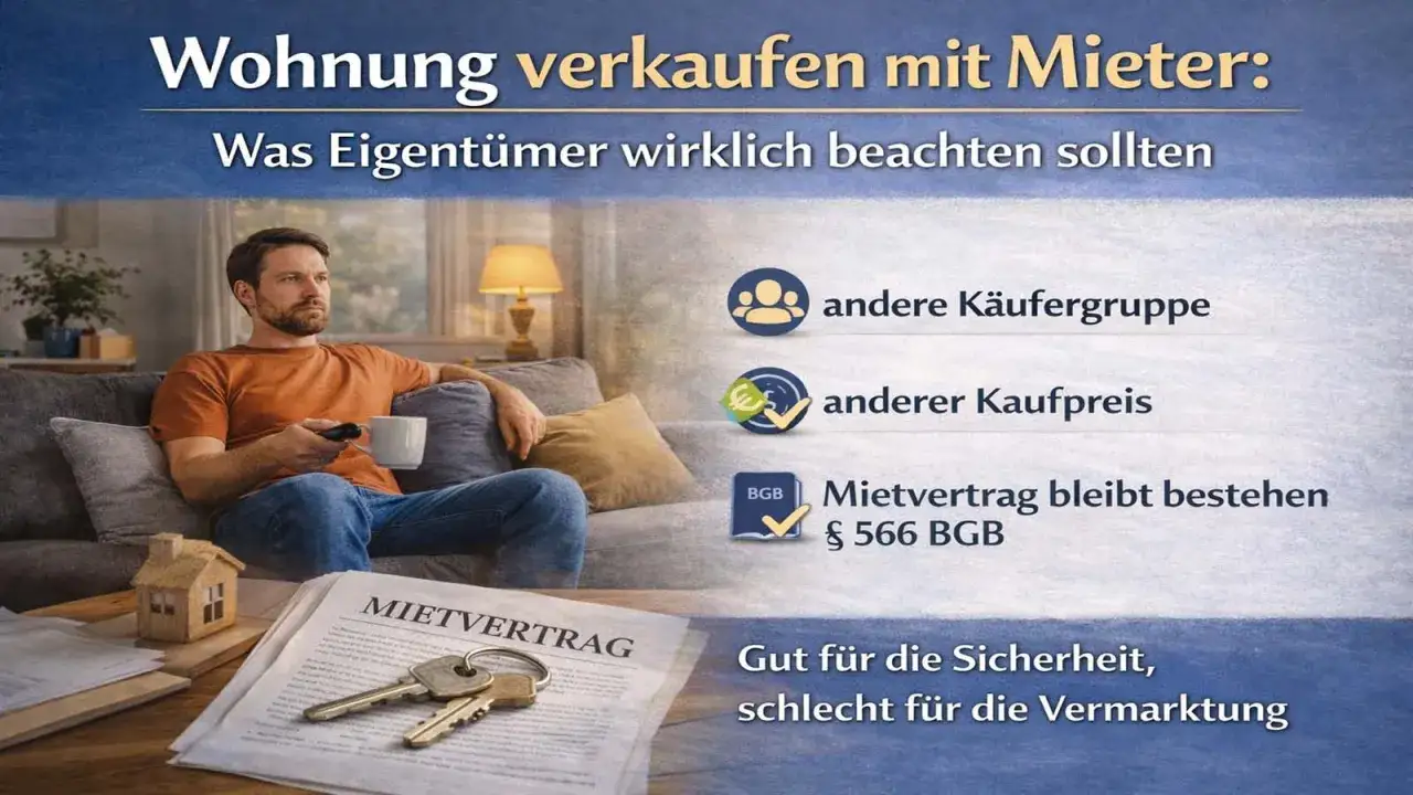 Mann auf Sofa mit Fernbedienung. Titel: Wohnung verkaufen mit Mieter. Was tun, wenn der Vermieter verkauft und man ausziehen muss? Mietvertrag bleibt bestehen.