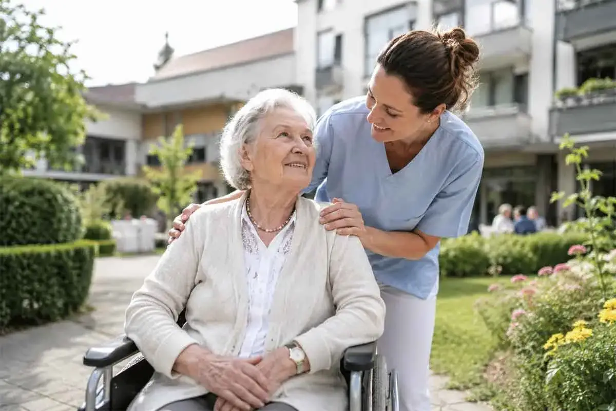 Pflegekraft legt Hand auf Schulter einer älteren Dame im Rollstuhl. Ein Lächeln verbindet sie, vielleicht bei der Besprechung des monatlichen Selbstbehalts im Pflegeheim.