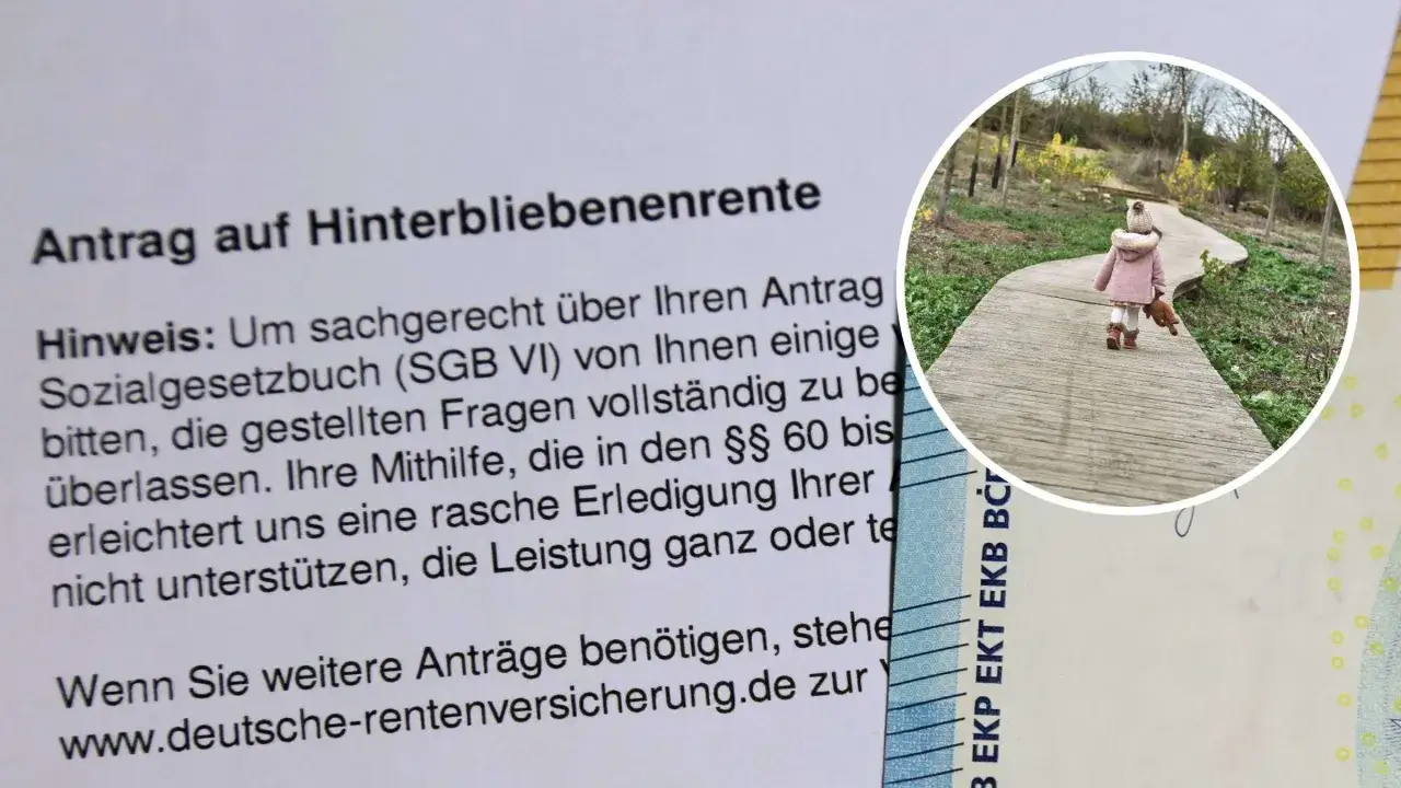 Antrag auf Hinterbliebenenrente. Ein Kind mit Teddybär geht allein einen Holzweg entlang. Es geht um die Halbwaise, die vielleicht einen Mindestbetrag erhält.