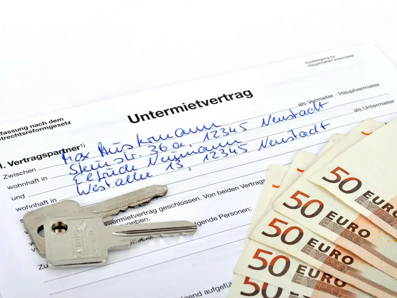 Untermietvertrag mit Schlüsseln und 50-Euro-Scheinen. Die Frage