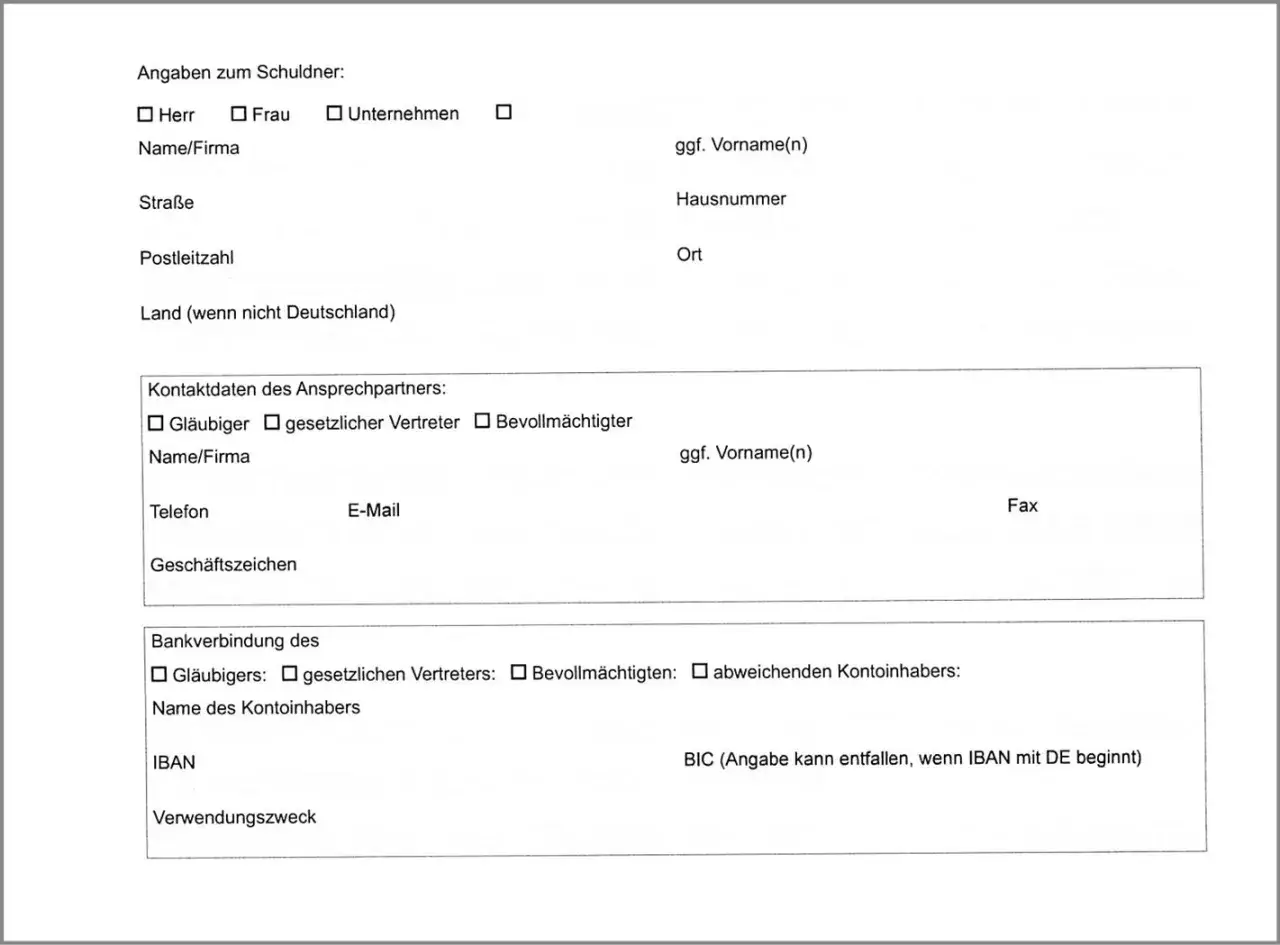 Formular zur Angabe von Schuldner- und Kontaktdaten, Bankverbindung für die herausgabe vollstreckbare ausfertigung.