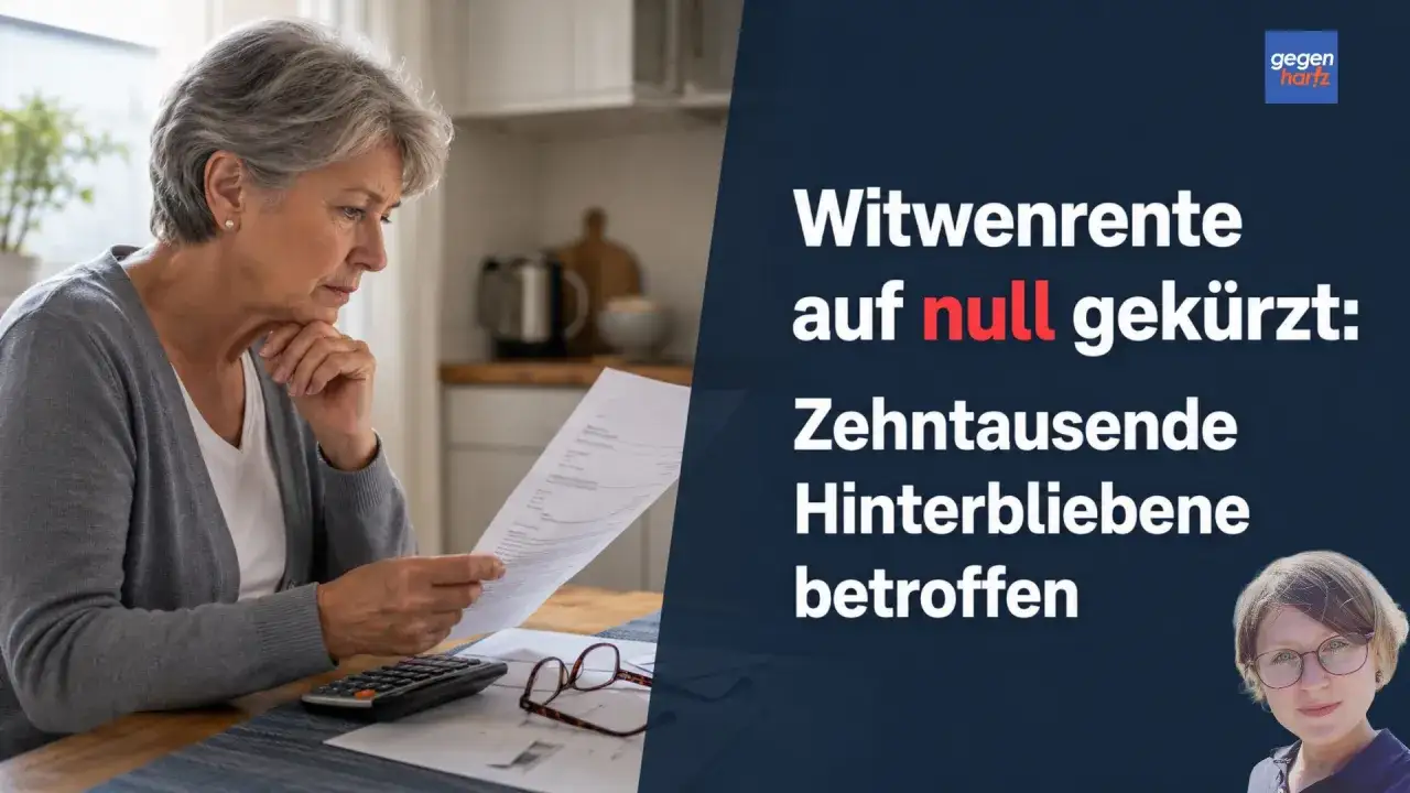 Besorgte Frau prüft Dokumente. Text: Witwenrente auf null gekürzt: Zehntausende Hinterbliebene betroffen. Was passiert mit der Rente, wenn man stirbt?