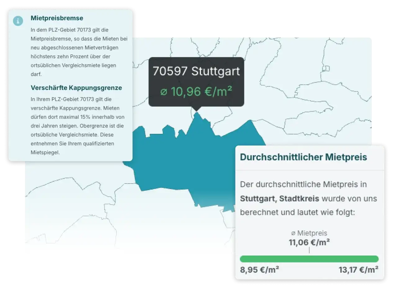Mietspiegel für Stuttgart: Durchschnittlicher Mietpreis 11,06 €/m². PLZ-Gebiet 70173 unterliegt Mietpreisbremse.