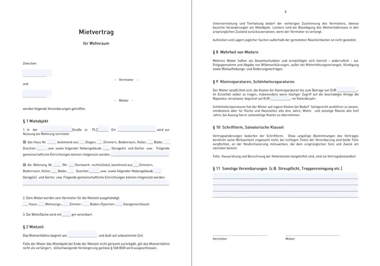 Mietvertrag für Wohnraum: Hier werden die Details des Mietobjekts, der Mietzeit und der Mietkonditionen festgehalten. Staffelmiete erlaubt.