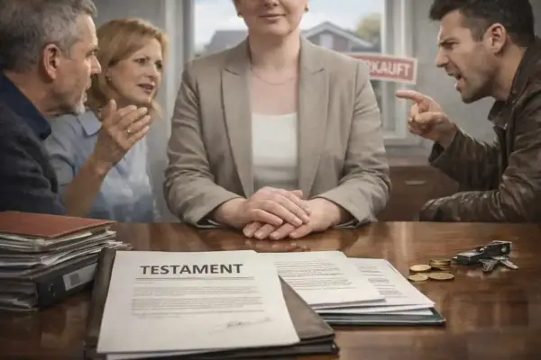 Streitende Erben am Tisch, ein Testament liegt aus. Bei solch hitzigen Diskussionen braucht man einen Testamentsvollstrecker.
