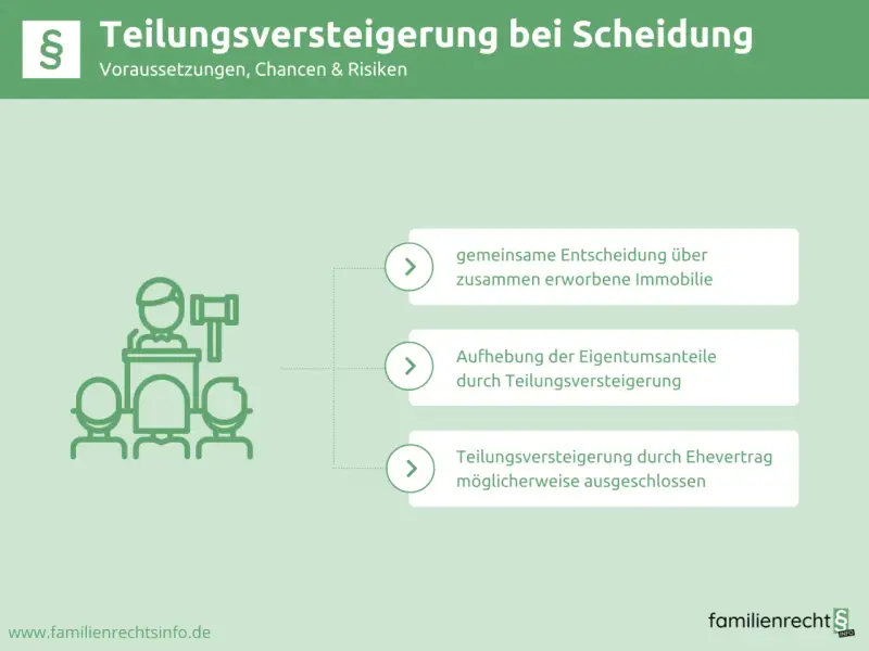 Grafik erklärt die Teilungsversteigerung bei Scheidung: gemeinsame Entscheidung, Aufhebung von Eigentumsanteilen oder Ausschluss durch Ehevertrag.